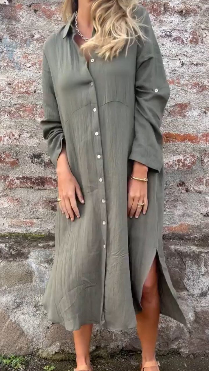 Solid Color Long Lapel Shirt Dress