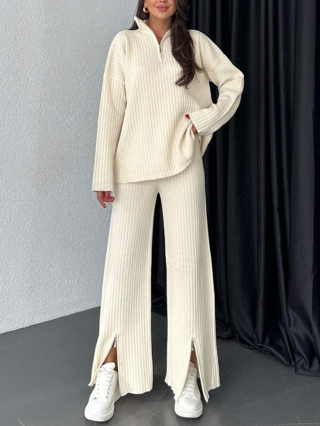 Autumn Solid Color Zipper Knitted Pants Suit