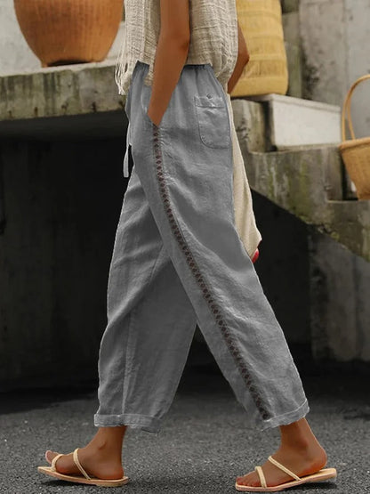 Loose Casual Hollow Out Lace Pockets Drawstring Waist Plain Linen Pants