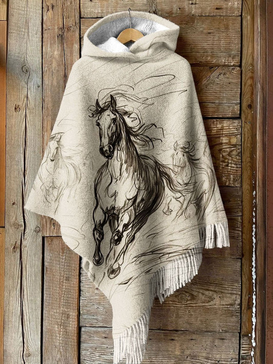 Women's Vintage Wild West Wild Horse Art Print Casual Knitted Blanket Poncho Hood Cape