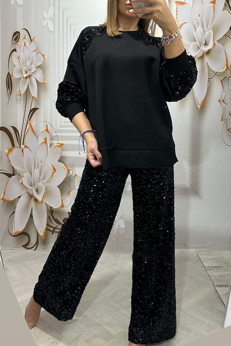 Women's Round Neck Sequined Sweatshirt and Trousers Two-piece Set