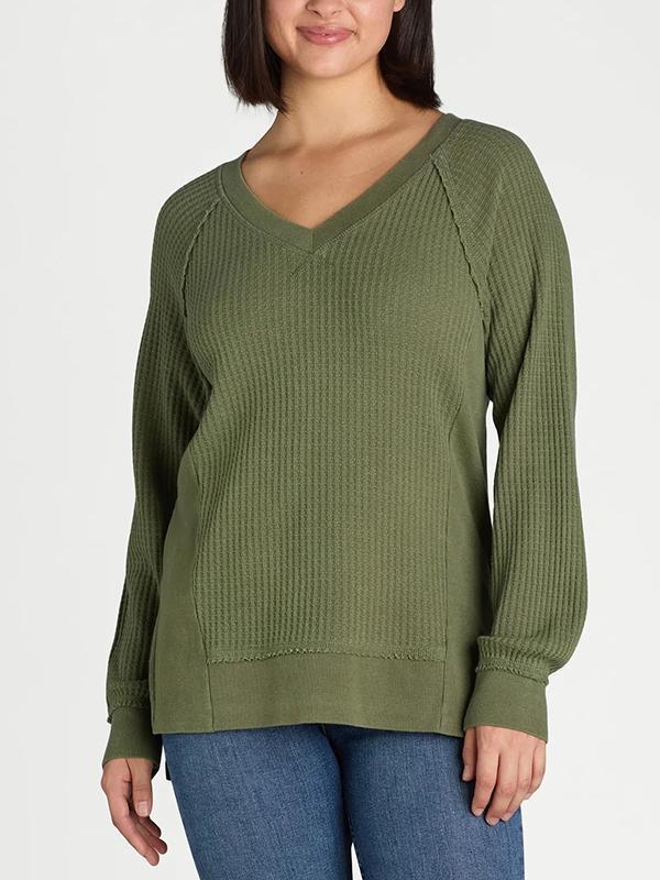 Women's V-neck Solid Color Waffle Top