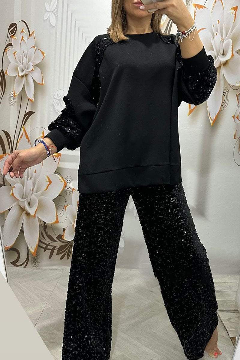 Women's Round Neck Sequined Sweatshirt and Trousers Two-piece Set