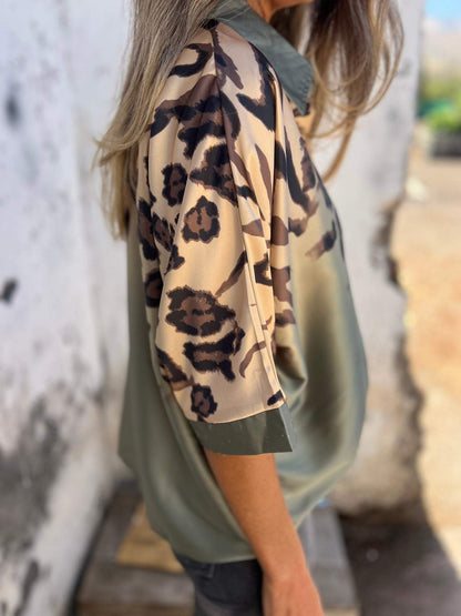 Women's Leopard Print Lapel Mid-sleeve Shirt