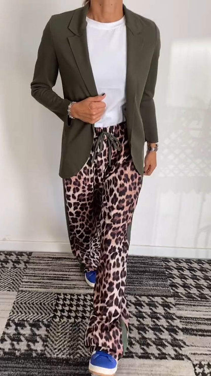 Women's Solid Color Suit Jacket Leopard Pant Suit