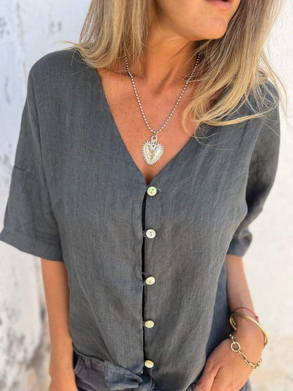 Cotton and Linen V-neck Casual Top