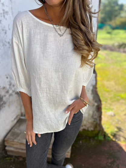 Women's Round Neck Mid-sleeve Cotton and Linen Casual Top