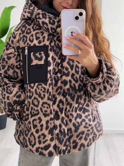 Women's Leopard Print Long Sleeve Hooded Coat