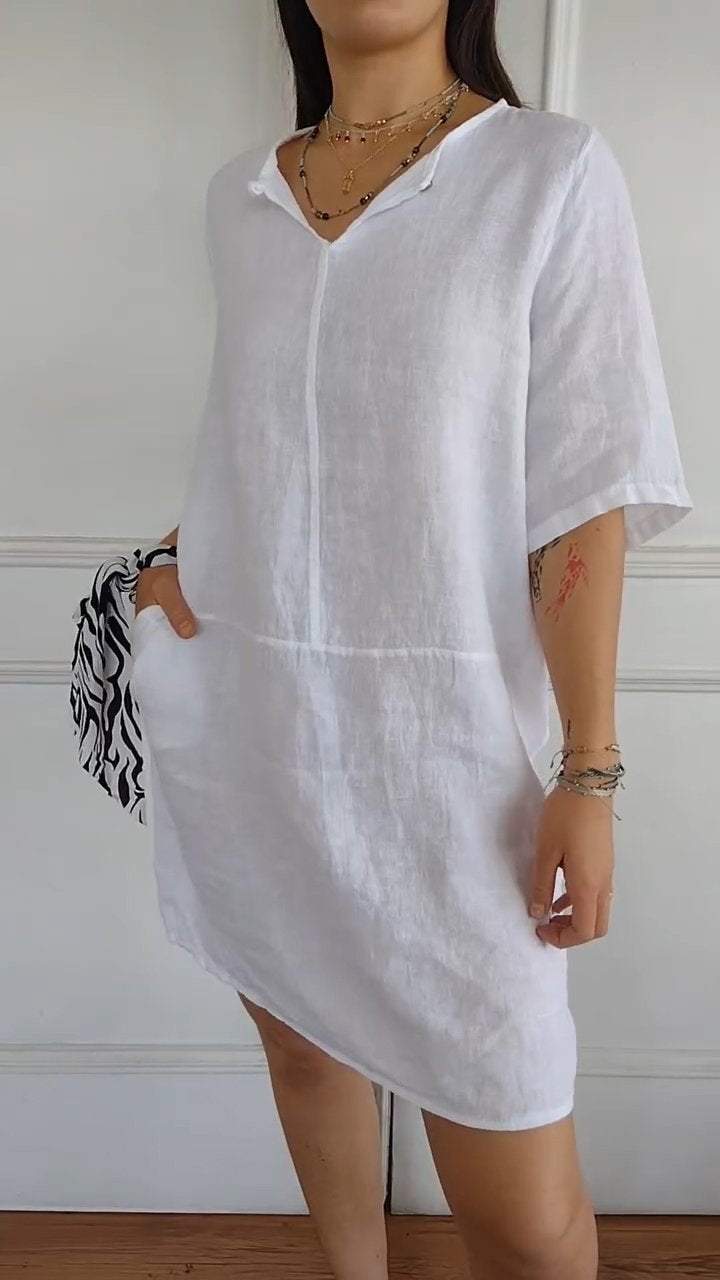 Women's V-neck Sleeve Cotton and Linen Casual Dress