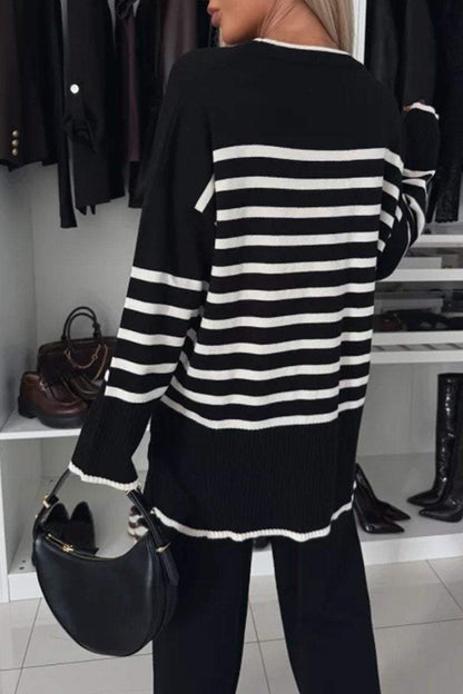 Women's Multi-colored Striped Crew Neck Pullover Casual Knit Suit