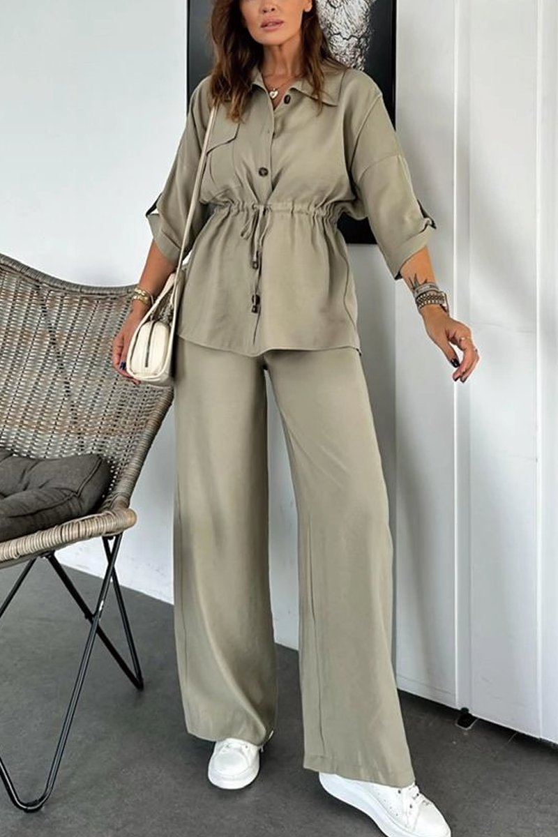 Women's solid color drawstring shirt and trousers set