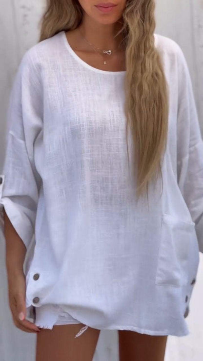 Round Neck Cotton and Linen Casual Solid Color Mid-sleeve Top