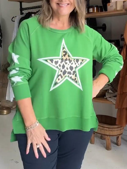 Women's Round Neck Five-pointed Star Print Pullover Top