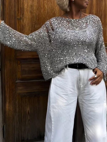 Women's Round Neck Sequined Long Sleeve Blouse