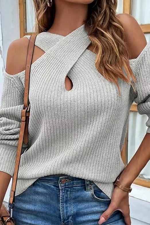 Women's solid color cross collar sweater