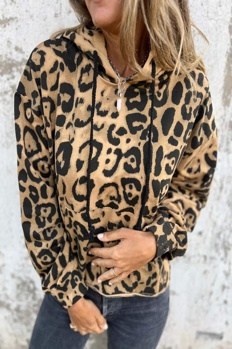 Women 's Leopard Print Hooded Long Sleeved Hoodie Top