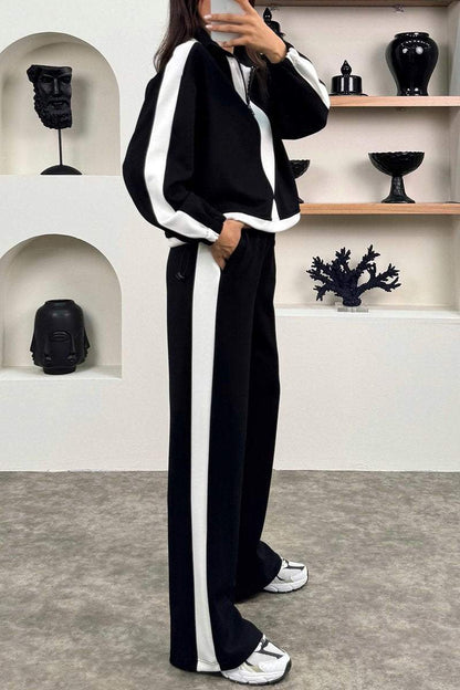 Women's Casual Contrast Color Zip Pants Suit