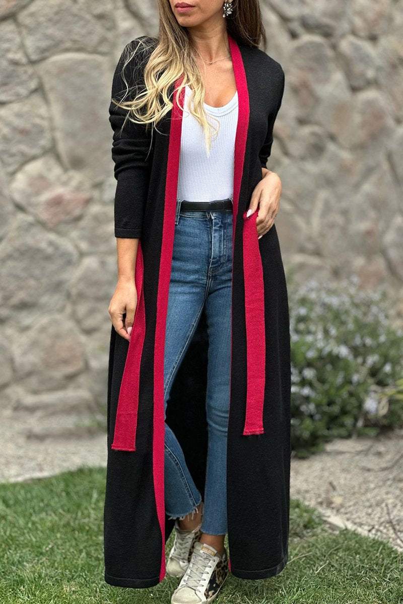 Women's Casual Contrast Color Knitted Long Cardigan