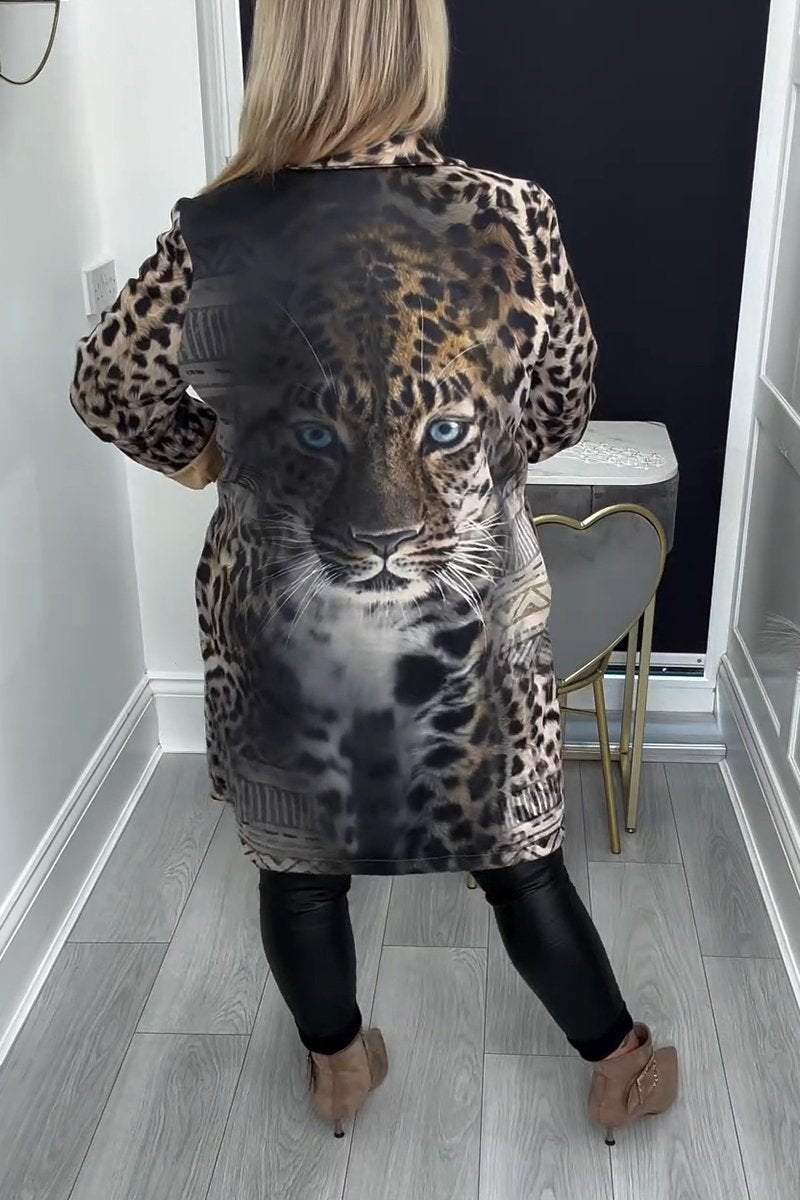 Leopard Print Autumn-winter Coat with Lapel for Women