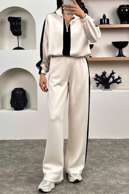 Women's Casual Contrast Color Zip Pants Suit