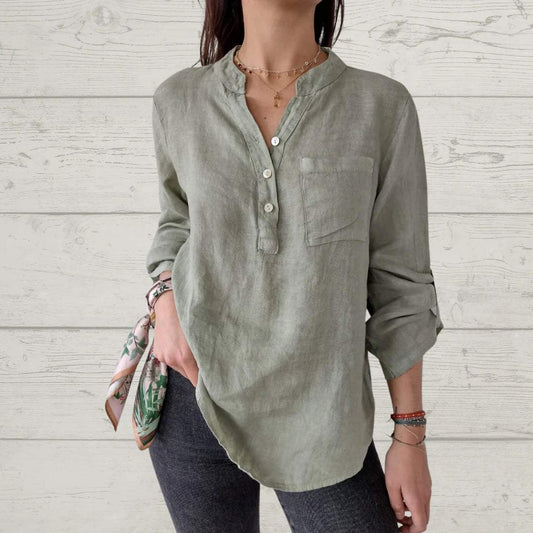 Women's V-neck Mid-sleeve Cotton and Linen Casual Top