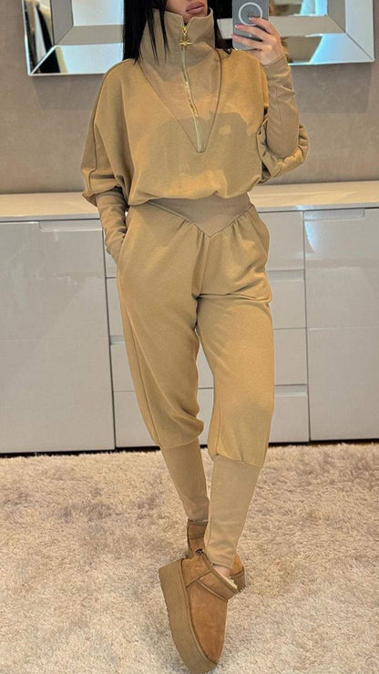 Ladies Lapel Half Zipper Long Sleeve Jumpsuit