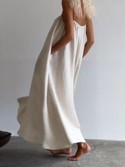 Solid Color Round Neck Cotton and Linen Dress