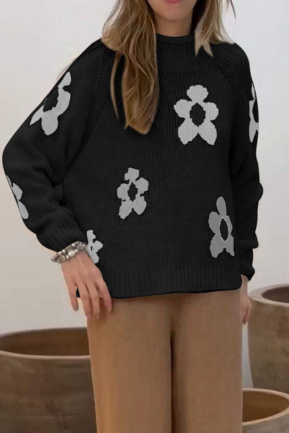 Floral Round Neck Long Sleeve Pullover Sweater