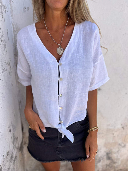 Cotton and Linen V-neck Casual Top