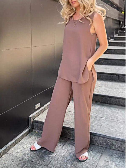 Women's Solid Color Chiffon Sleeveless Vest Top and Pants Two-piece Set