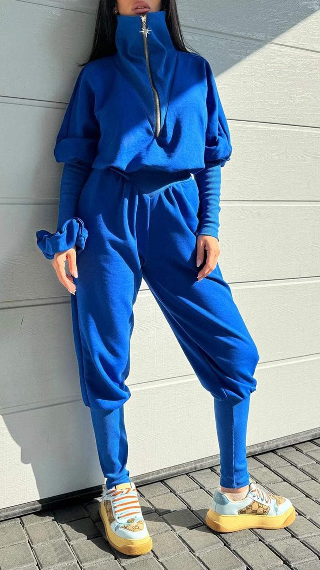 Ladies Lapel Half Zipper Long Sleeve Jumpsuit