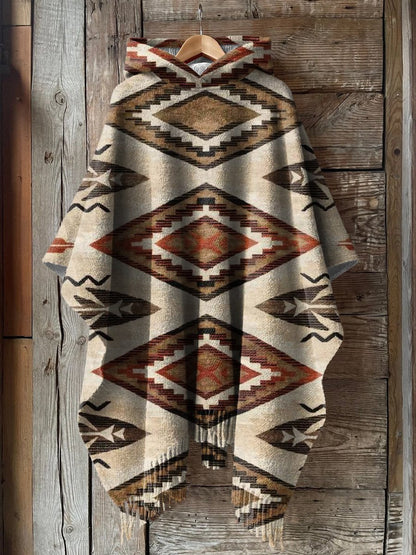 Women's Vintage Aztec Print Casual Knitted Blanket Poncho Hood Cape