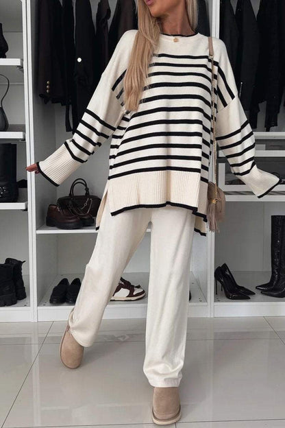 Women's Multi-colored Striped Crew Neck Pullover Casual Knit Suit