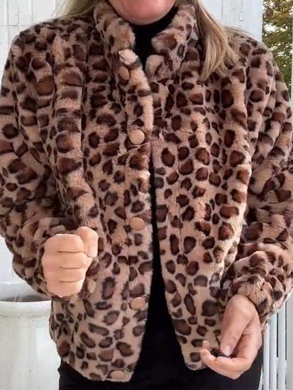 Women's Leopard Print Low Collar Long Sleeve Coat