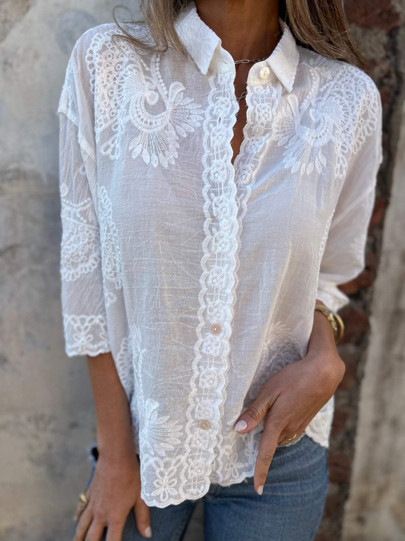 Women's Lapel Mid-sleeve Embroidered Cotton and Linen Top