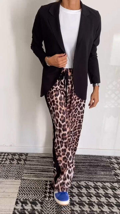 Women's Solid Color Suit Jacket Leopard Pant Suit