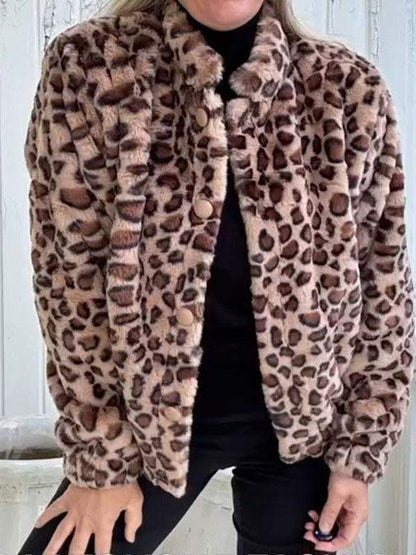 Women's Leopard Print Low Collar Long Sleeve Coat