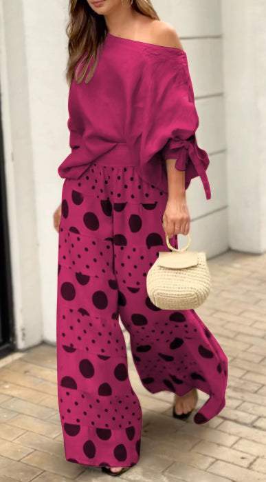 New Off-shoulder Bow Cuff Top Printed Wide Leg Pants Suit