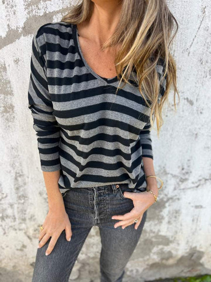 Women's V-neck Long-sleeved Striped Casual Top