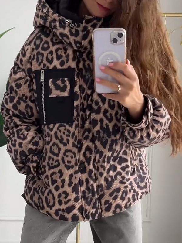 Women's Leopard Print Long Sleeve Hooded Coat