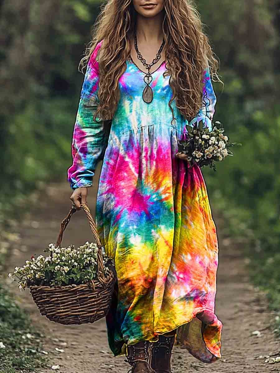 Women's Colorful Tie Dye Art Print Pocket Cotton Dress