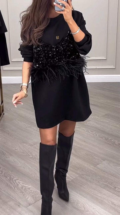 Women's Round Neck Long Sleeve Sequined Fur Stripe Fake Two Piece Party Dress