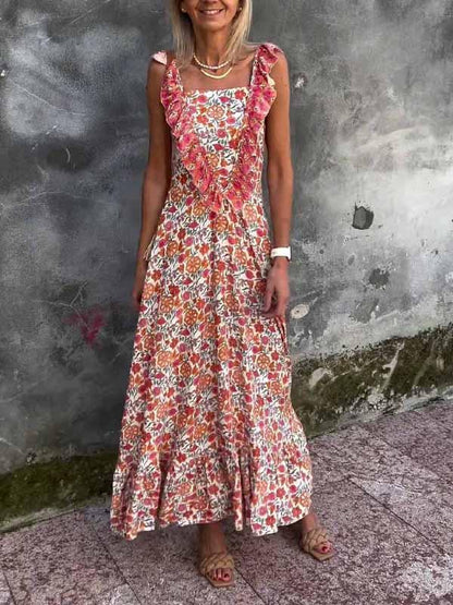 Women's Square Collar Floral Halter Dress