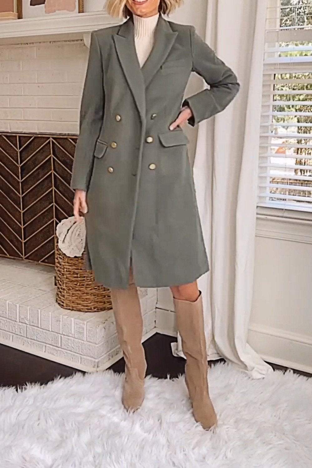 Women's Solid Color Buttoned Mid-length Coat