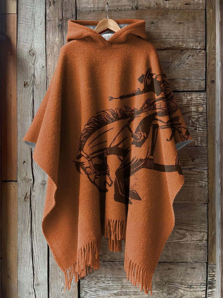 Western Cowboy Graphic Printed Casual Knitted Blanket Poncho Hood Cape