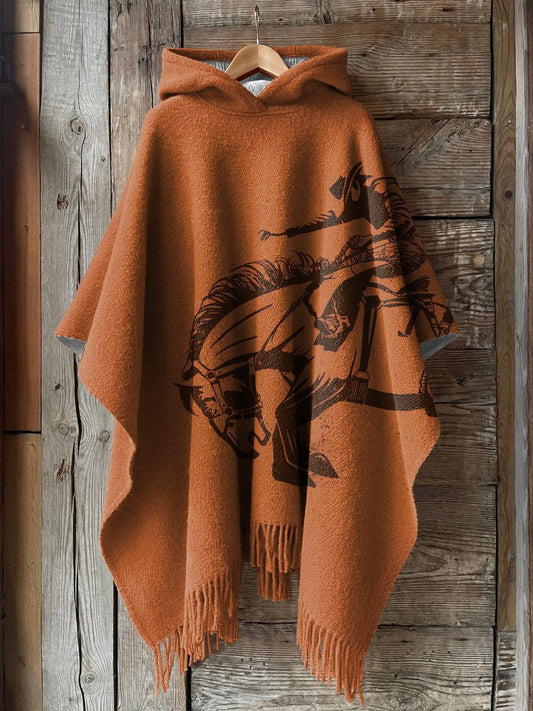 Western Cowboy Graphic Printed Casual Knitted Blanket Poncho Hood Cape