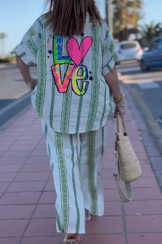 Women's Printed Striped Shirt Set