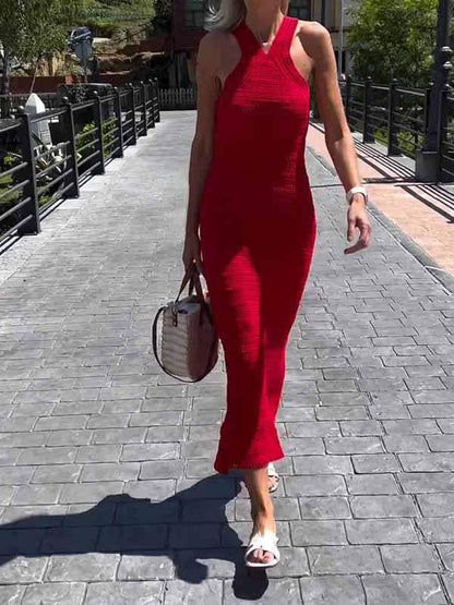 Women's V-neck Solid Color Sleeveless Knitted Dress