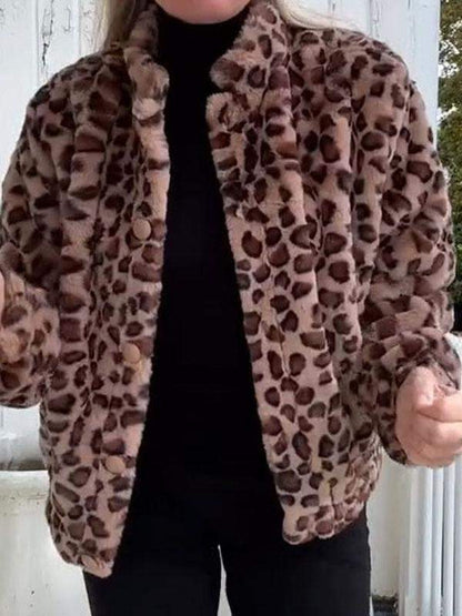 Women's Leopard Print Low Collar Long Sleeve Coat