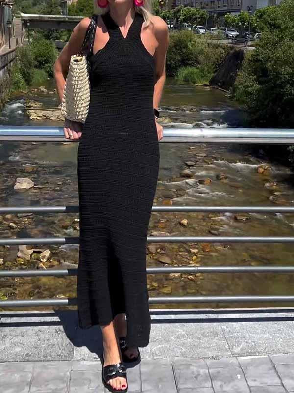 Women's V-neck Solid Color Sleeveless Knitted Dress